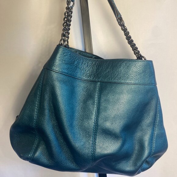 Coach F22209 Teal Pebbled Leather Chain Shoulder Hobo Bag Purse - Picture 9 of 10